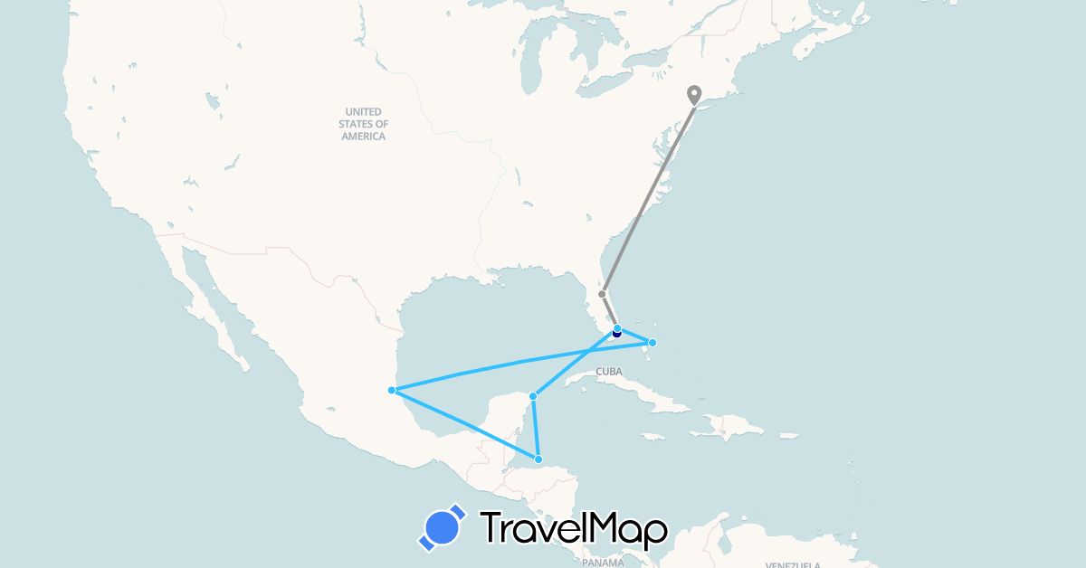 TravelMap itinerary: driving, plane, boat in Bahamas, Honduras, Mexico, United States (North America)